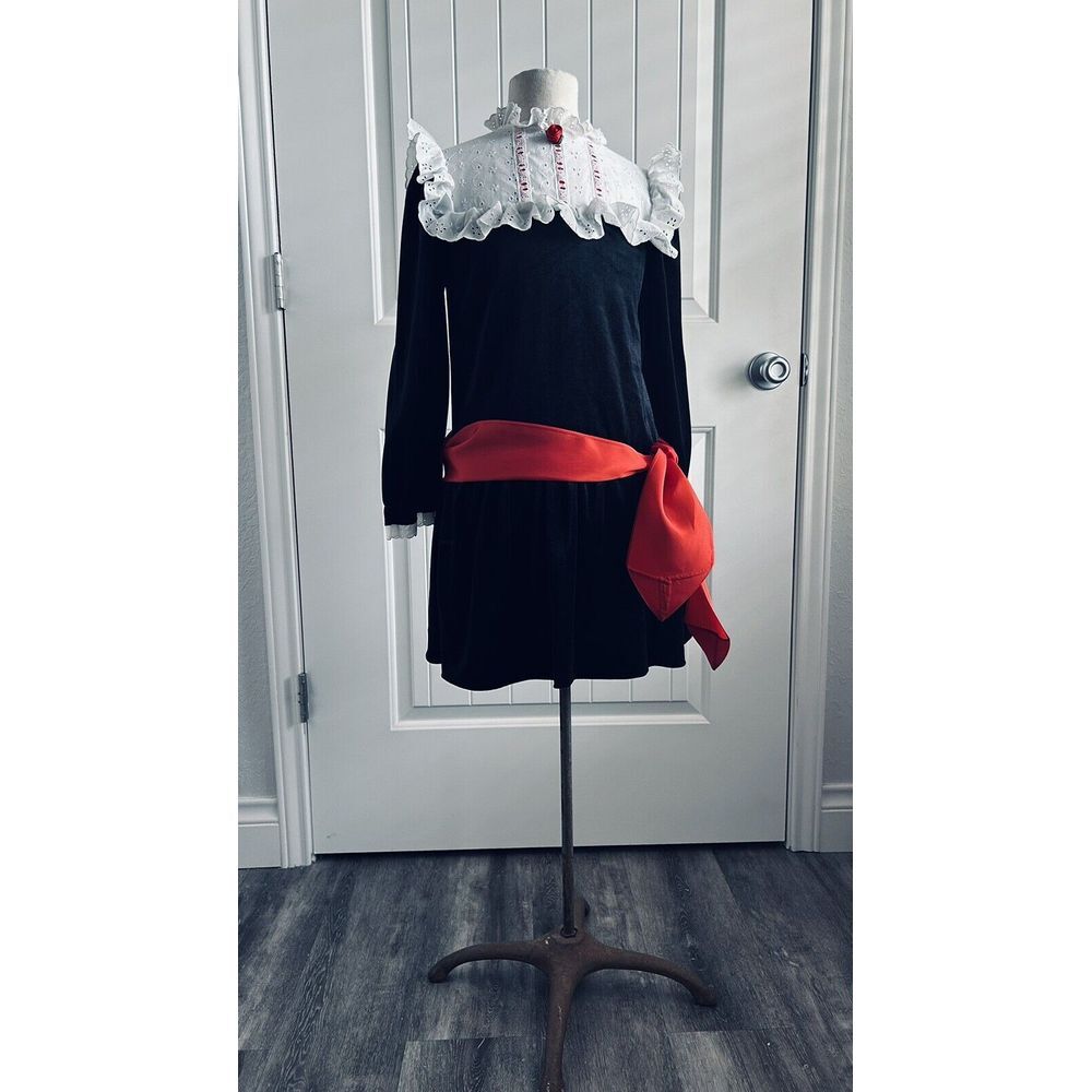 Vintage Black‎ Velvet With White Eyelet Lace Collar Drop Waist Dress Girl Size 8